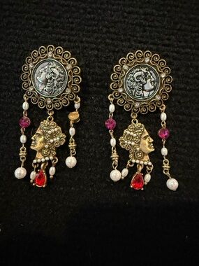 Vintage Greek Coin Chandelier Earrings Pearl Pink Crystal Brass Dangles. 3 In